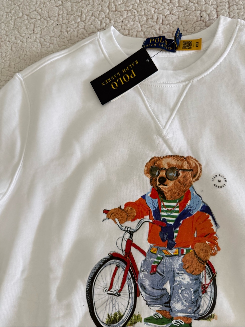 New men’s Polo Ralph Lauren Sz M White Crewneck with Polo Bear Bicycle - Picture 4 of 7